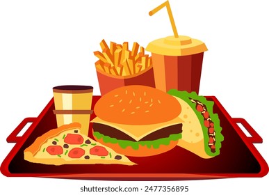 Vector image. Fast food complete with drinks placed on a large tray. Contains burgers, pizza, sandwiches, fries, soda and also coffee