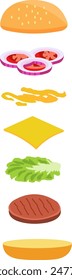 vector image. fast food hamburger. burger composition consisting of bread, sliced ​​onions, tomatoes, sauce, vegetables, cheese and meat