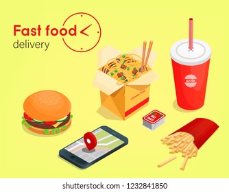 Vector image of fast food in isometric. Fast food delivery.