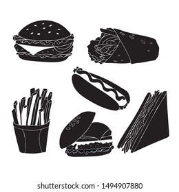 Vector image of fast food silhouettes on a white background. Can be used for logos, stickers, prints.