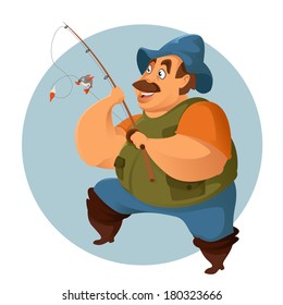 Vector image of fat cartoon smiling fisherman