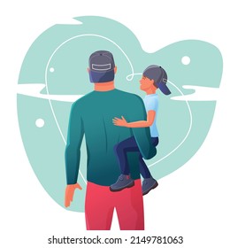 vector image of a father holding his son in his arms. Family walk. Father's day