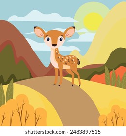 Vector image of a fawn on a forest path. Autumn forest and mountains.