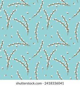 Vector image features repeating pattern of stylized willow branch on blue backdrop, suggestive of fresh springtime theme.