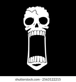 The vector image features a stylized skull with exaggerated features. It has hollow, round eye sockets, a small triangular nose cavity, and an extremely wide-open mouth, revealing a full set of teeth.