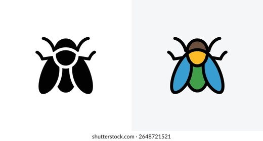 Vector image features two stylized flies. On the left, a silhouette in solid black, and to the right is a fly in brown, yellow, blue, and green with black outlines.
