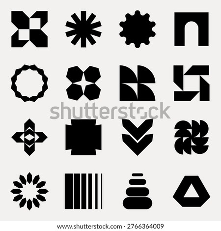 Vector image featuring 16 abstract black geometric shapes on a white background, including stars, circles, and arrows, arranged in a 4x4 grid.