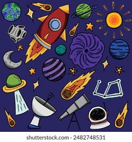 Vector image featuring colorful space themed elements such as rockets, planets, stars, and astronauts on a dark background. Perfect for educational materials, sci-fi designs, and children's projects.