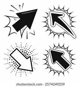 Vector image featuring four distinct black arrow icons with various visual effects suitable for business