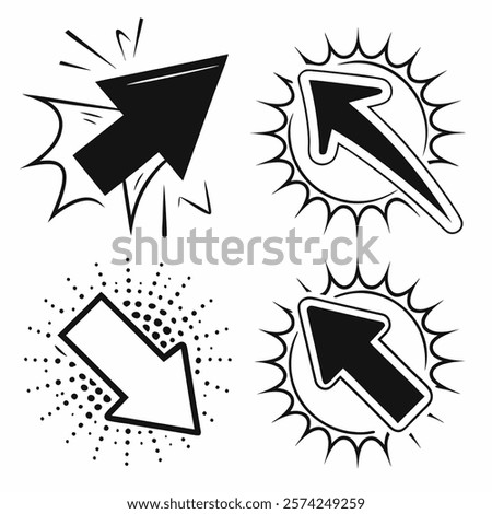 Vector image featuring four distinct black arrow icons with various visual effects suitable for business