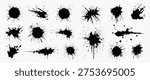 Vector image featuring various black ink splatter designs on a white background. Each splatter has a unique shape, adding an artistic touch to the collection.