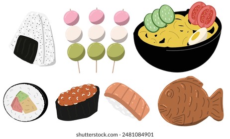 Vector image featuring various Japanese food items. This illustration captures the diversity of Japanese cuisine. Perfect for menus, posters, or cultural promotions. Sushi, onigiri, ramen, traditional