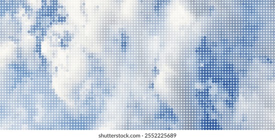 A vector image featuring white clouds against a blue sky, adorned with a mosaic texture of circles, creating a serene and artistic atmosphere.