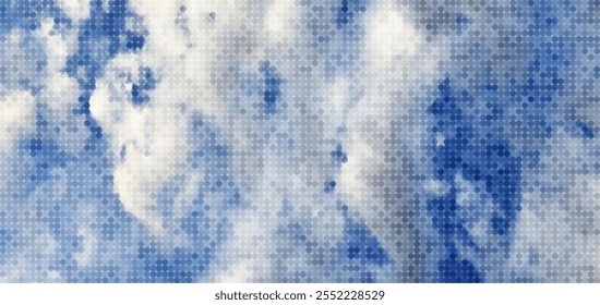 A vector image featuring white clouds against a blue sky, adorned with a mosaic texture of circles, creating a serene and artistic atmosphere.