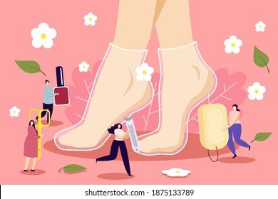 Vector image of feet in a foot mask with little people carrying foot care products, heel scraper, scissors, nail polish. Foot care and foot masks concept.