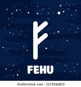 vector image of fehu rune on a starry background