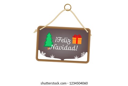 Vector image of a Feliz Navidad message on a hanging sign, with festive images and snow