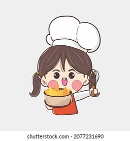 vector image of female chef serving food and holding cooking utensils