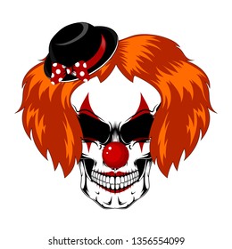 Vector image of a female clown skull with red hair in a hat with a bow.