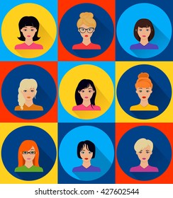 vector image of female faces flat