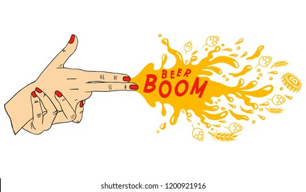 Vector image of female hands shaped in form of gun. Beer shot. Craft beer 