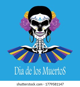 Vector image of a female mexican skull. The day of the Dead.