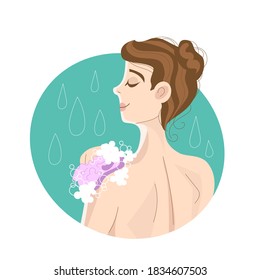 Vektorbild mit einer Frau zum Thema Hygiene und Körperpflege; Badewanne mit Schaum, Seifenwaschtuch, Frau aus dem Rücken in der Dusche, mattierende hygienische Verfahren, Vorbereitung für die Werbung.