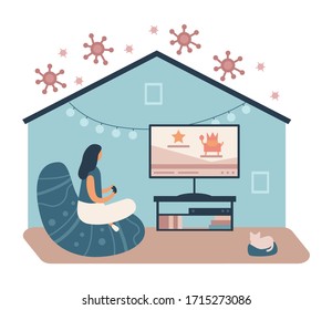 Vector image of female playing game with game pad while staying safe at home during pandemic of coronavirus isolated on white background