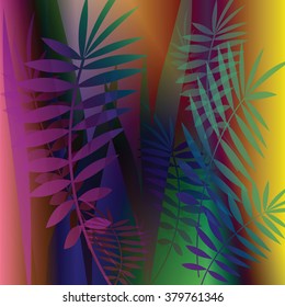 Vector image with fern leaves on abstract colorful