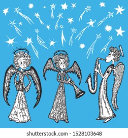Vector image of festive angels with a gift and trumpets