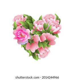 Vector image of a festive bouquet in the form of a heart of collected pink peonies.