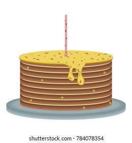 Vector image of a festive cake with a candle on a glass tray on a white background