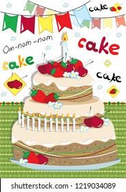 the vector image of festive cake with candles on a multi-colored background