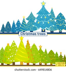 Vector image. Festive forest with elegant Christmas trees. Set of blue and green fir-trees. Trees decorated with garlands and ribbons in a flat style