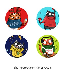 vector image of festive funny cats, icons