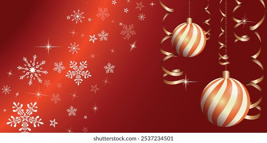 Vector image of a festive holiday background featuring gold-striped ornaments hanging from ribbons on a red gradient background with delicate white snowflakes and sparkles.