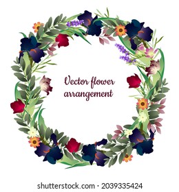 Vector image of a festive wreath made up of many different beautiful flowers.
