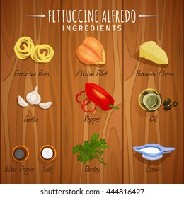 Vector image. Fettuccine Alfredo. Ingredients
