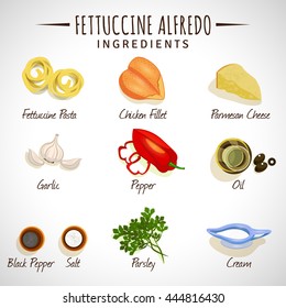 Vector image. Fettuccine Alfredo. Ingredients