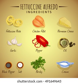Vector image. Fettuccine Alfredo. Ingredients