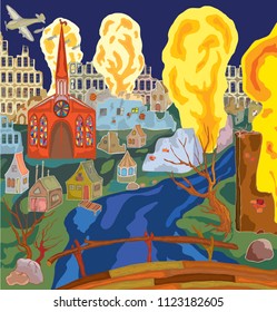 Vector image of a fictional city under bombing during the war