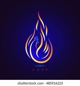 Vector image of a fiery rooster on a blue background. Burning red rooster symbol of 2017 by the Chinese calendar. Vector element for New Year's design.