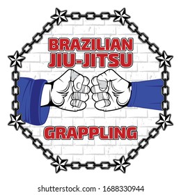 Vector image of fighter hands. Brazilian jiu-jitsu and Grappling. BJJ vs Wrestling.  Warrior of wrestling mat.  Champion of battle. Combat winner. Tournament fighter. Illustrations for t shirt print.