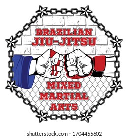 Vector image of fighter hands. Brazilian jiu-jitsu and Mixed martial arts. BJJ vs MMA.  Octagon warrior. Battle winner. Tournament fighter. Combat champion. Illustrations for t shirt print.