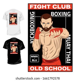 Vector image of the fighter. Inscription - Fight club, Boxing, Muay Thai, Kickboxing. Illustrations for t shirt print. Champion of battle. Combat winner. 