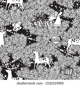 vector image of fir branches, Christmas balls and deer on a black background