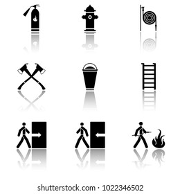 Vector image of fire extinguishing icons - fire extinguisher, fire hydrant, fire hose, ax, sand, staircase with mirror image. Flat