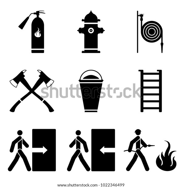 Vector image\
of fire extinguishing icons - fire extinguisher, fire hydrant, fire\
hose, ax, sand, ladder.\
Flat