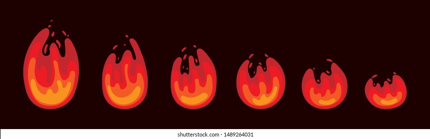 Vector image of fire, flame. Storyboard, step by step process of burning, ignition. Animation for games or cartoons. A sheet of sprites, increase or decrease the flame of fire.