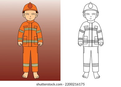 Vector image of a firefighter. Fireman profession. Coloring worksheet for children. Flat vector illustration